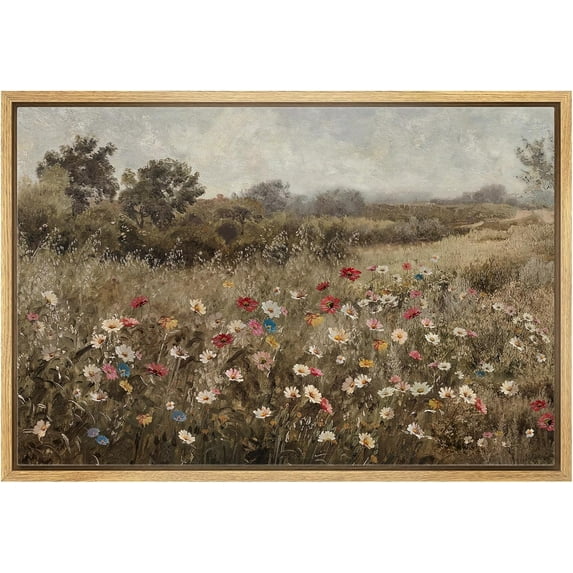 HFDF Canvas Prt Wall Art Pastel Watercolor Wild Flowers Nature Wilderness Illustrations Modern Art Decorative Country Farmhouse for Livg Room, Bedroom, Office - Natural 20x16inch Framed