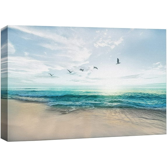 HFDF Canvas Prt Wall Art Peaceful Sunny Beach Day with Birds Sky Nature Wilderness Photography Modern Art Rustic Scenic Colorful Multicolor for Livg Room, Bedroom, Office - 14x11inch Framed