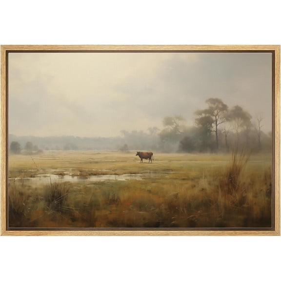 HFDF Canvas Prt Wall Art Tranquil Pastoral Scene with Lone Cow Serene Meadow Illustrations Modern Art Glam Pastel for Livg Room, Bedroom, Office - Natural 16x12inch Framed