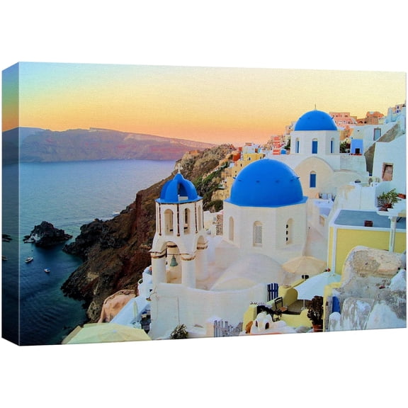 HFDF Canvas Prt Wall Art View of The Blue Dome Churches of Santori, Greece Cities Wilderness Photography Realism Chic Landscape Colorful Multicolor for Livg Room, Bedroom, Office - 18x12inch Framed