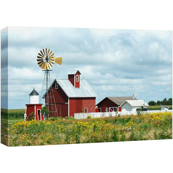 HFDF Canvas Prts Wall Art - Beautiful Scenery of Wdmill, Barn, Sheds and Fence on a Cloudy Day | Modern Wall Decor/Home Art Stretched Gallery Canvas Wrap Giclee Prt & Ready to Hang - 10x8inch Framed