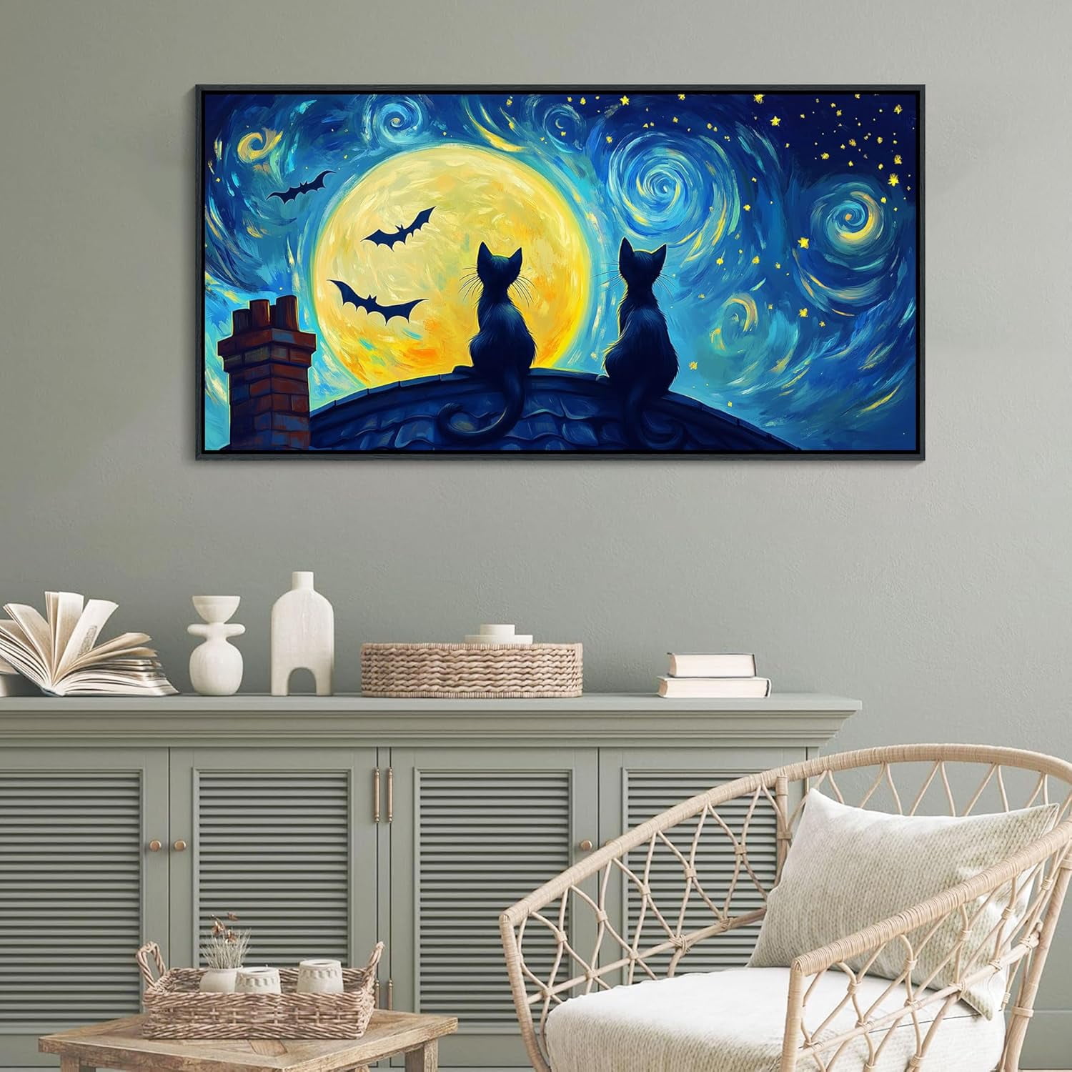 HFDF Canvas Wall Art Bedroom, Blue Starry Sky Black CatPainting Yellow ...