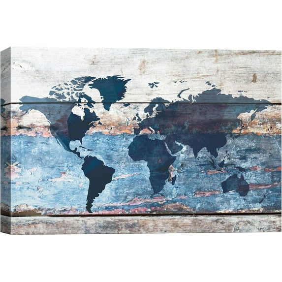 HFDF Canvas Wall Art Blue, Navy-Red World Atlas on Multicolor Wood Panel Architecture & Maps Country Digital Art Modern Art Farmhouse/Country Urban for Living Room, Bedroom, Office - 24x16inch Framed