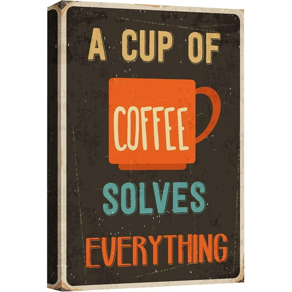 HFDF Canvas Wall Art Vintage Style Art with A Cup of Coffee Solves Everything Quotes Giclee Print Gallery Wrap Modern Home Art Ready to Hang 16x24inch Framed
