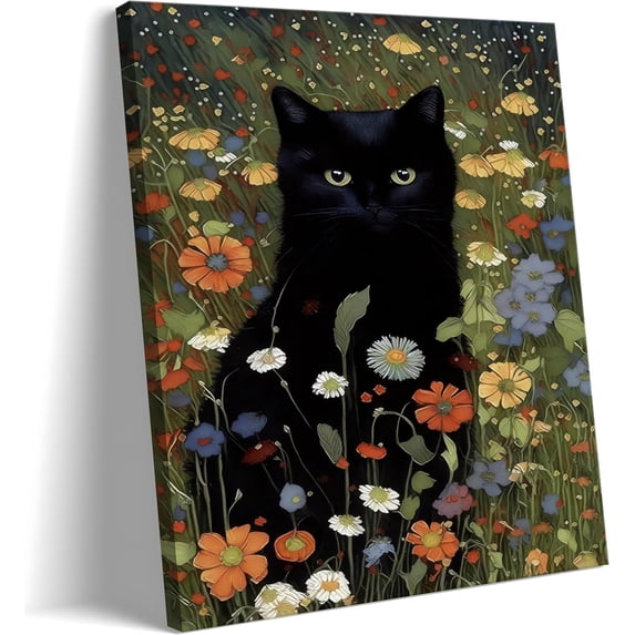 HFDF Cat Canvas Wall Art, Funny Black Cat Picture Wall Decor, Animal Garden Flowers Prts Poster for Bathroom Bedroom Livg Room Gallery Decor 11x14inch Framed