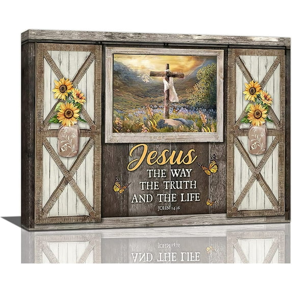 HFDF Christian Cross Wall Art Rustic Window Sunflower Religious Canvas Wall Decor Scripture Bible Verse Pictures Print Paintings Artwork Home Decor for Bedroom Living Room 10x8inch Framed