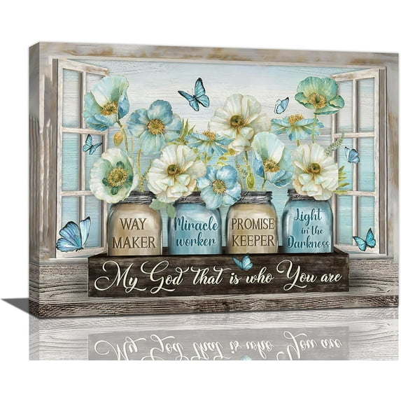 HFDF Christian Flower Wall Art Farmhouse Blue Floral Butterfly Wall Decor Country God Quotes Canvas Prt Patg Artwork Home Decorations for Bedroom Bathroom Livg Room 18x12inch Framed