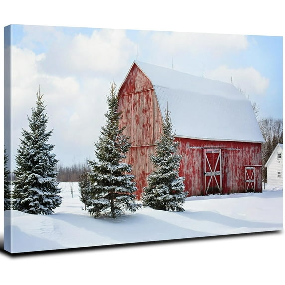 HFDF Christmas Canvas Wall Art Rustic Farmhouse Red Old Barn Landscape Pictures Wall Decor Snowy Wilderness Christmas Tree Posters Artwork for Home Living Room Aesthetic Decoration 10x8inch Framed