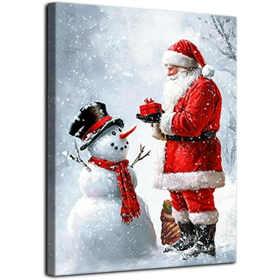 HFDF Christmas Wall Art Snowman Santa Canvas Prints Christmas Decor Painting Picture Stretched and Ready to Hang for Holiday Decor 12x16inch Framed