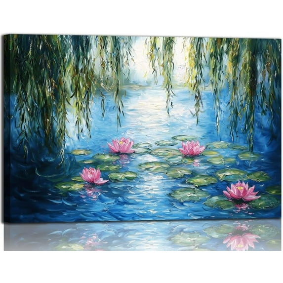 HFDF Claude Monet Water Lilies Canvas Wall Art, Monet Style Famous Oil Paintings Flowers Decor for Living Room, Modern Classic Floral Landscape Pictures for, 10x8inch Framed