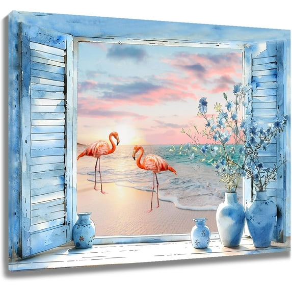 HFDF Coastal Beach Flamingo Canvas Wall Art Pink Bird & Blue Flower Window Vase with Pastel Sky Wall Decor, Nature Tropical Ready to Hang for Living Room Kid Bedroom Bathroom 16x12inch Framed
