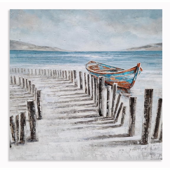 HFDF Coastal Canvas Wall Art - Beach and Ocean Seaside Pathway Boat Nautical Square Artwork Patg for Modern Contemporary Decor 24x16inch Framed