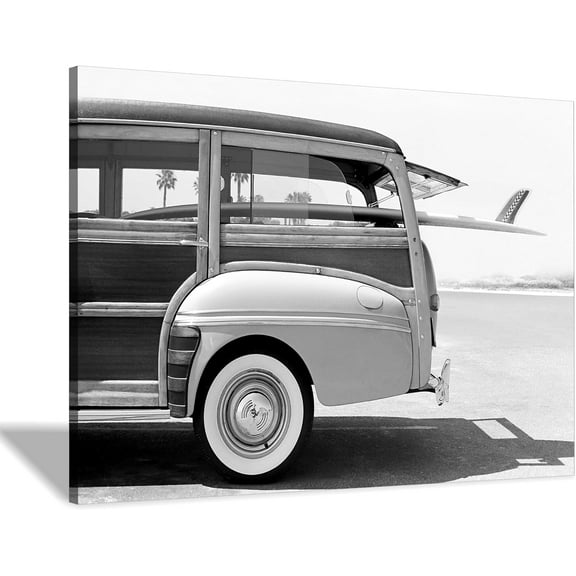 HFDF Coastal Wall Art Beach Pictures: Surfboard Wall Decor Seaside Black White Car Artwork Surfing Ocean Print Canvas Painting for Living Room 16x12inch Framed