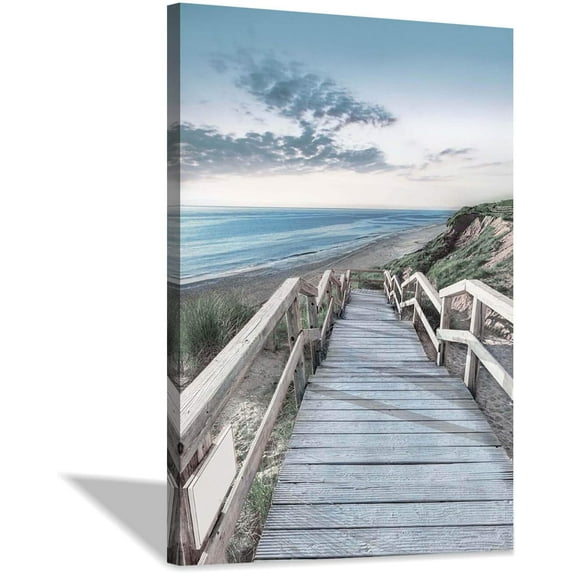 HFDF Beachside Wooden Path Wall Art: Bridge Boardwalk Stair Graphic Art on Wrapped Canvas for Wall Decor 16x24inch Framed
