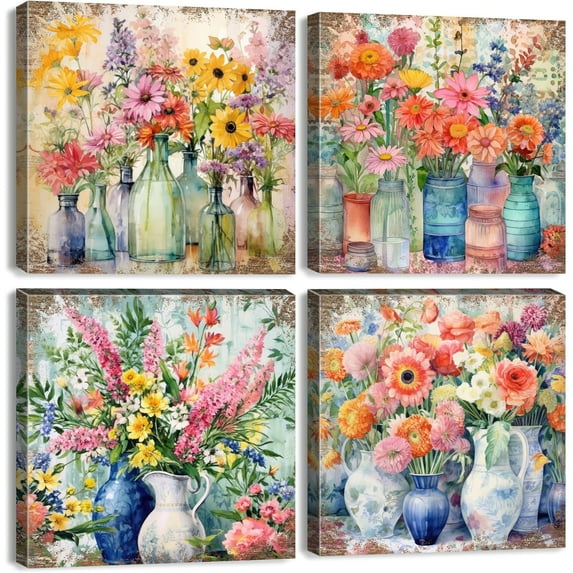 HFDF Colorful Flower Canvas Wall Art French Country Style Floral Posters Farmhouse Living Room Wall Decor Bouquet Vase with Brown Background Pictures Artwork Kitchen Decoration 4P 16x12inch Framed