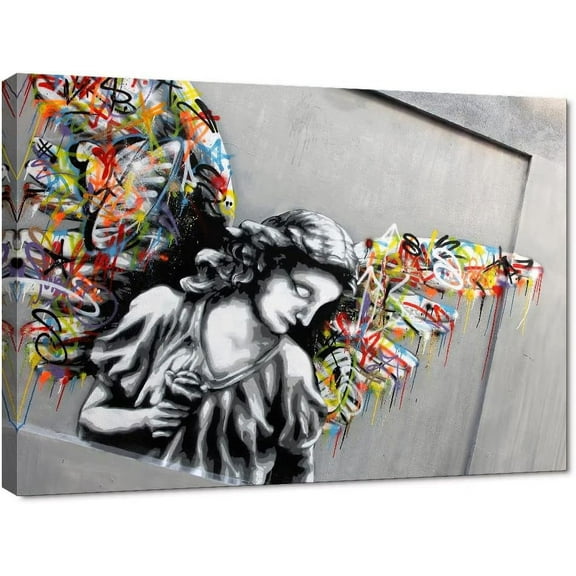 HFDF Colorful Wings Canvas Print Art Banksy Graffiti Wall Art Angel Canvas Artwork Living Room Bathroom Wall Decor Modern Home Decoration Ready to Hang 20x16inch Framed