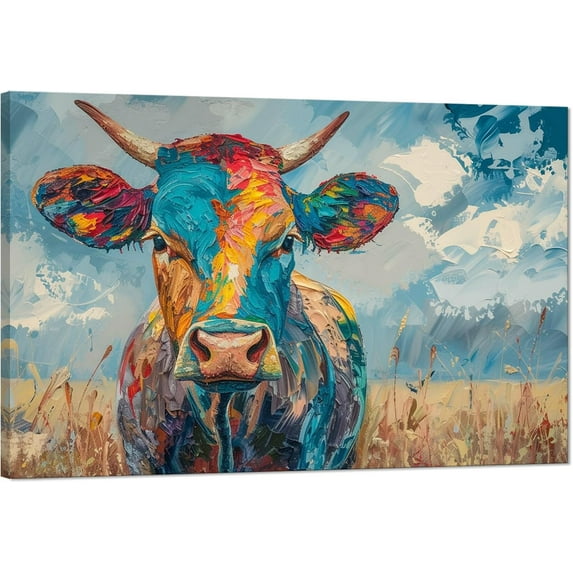 HFDF Cow Pictures Wall Art Large Abstract Animals Painting Farmhouse Canvas Prints Artwork Modern Oil Painting Style Colorful Cattle Posters for Living Room Decor Ready to Hang- 24x16inch Framed