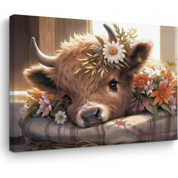 HFDF Cute Cow Decor Cow Gifts Floral Cow Print Stuff Farm Animals Canvas Wall Art Wall Decor Country Posters Art Prints Artwork Pictures for Farmhouse Living Room Girls Room Decor 24x20inch Framed
