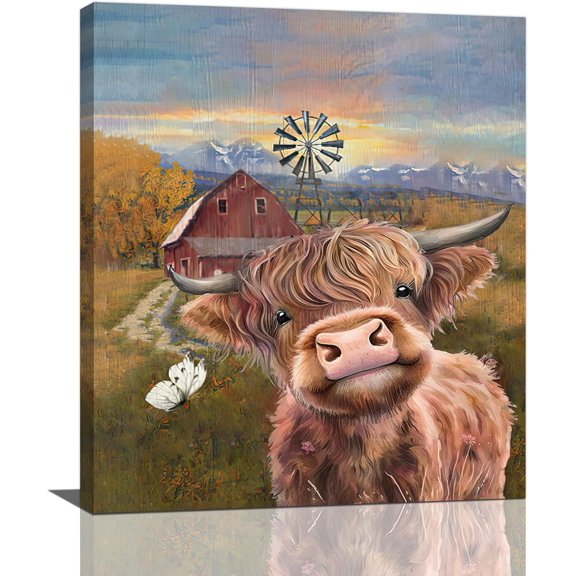 HFDF Cute Highland Cow Wall Decor Cow Old Barn Pictures Wall Art Farmhouse Cattle Animal Canvas Print Painting Modern Home Artwork Decorations For Bedroom Bathroom Office Living Room 12x16inch Framed