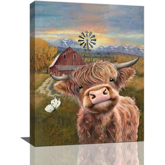 HFDF Cute Highland Cow Wall Decor Funny Cow Old Barn Pictures Wall Art Farmhouse Cattle Animal Canvas Print Painting Modern Home Artwork Decorations For Bathroom Office Kitchen 8x10inch Framed