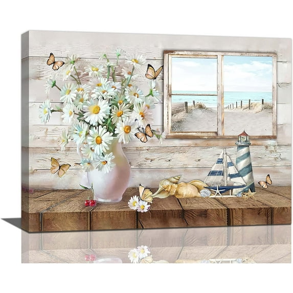 HFDF Daisy Butterflies Bathroom Wall Art Nautical Beach Pictures Rustic Floral Decor Flower Canvas Painting Seashell Decorations Artwork for Bathroom Kitchen Bedroom 20x16inch Framed
