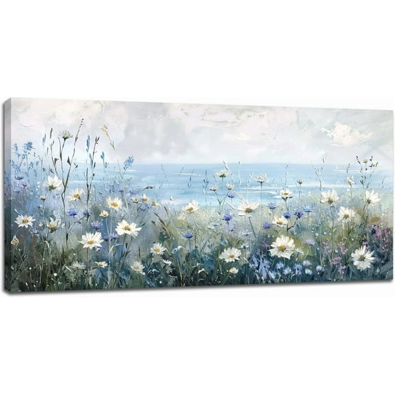 HFDF Daisy Coastal Large Wall Art Rustic White Floral Wall Decor Nature Landscape Pictures Wildflower Field Canvas Prints Painting Artwork Home Decoration for Bathroom Living Room 24x16inch Framed