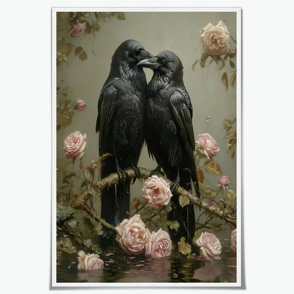 HFDF Dark Academic Wall Art Black Crow Poster Gothic Halloween Room Decor Romantic Raven Couple Goth Canvas Prt Vtage Dark Cottagecore Home Decor for Bedroom Dorm 20x24inch Framed