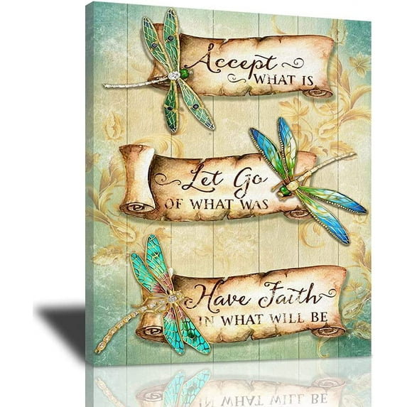 HFDF Dragonfly Canvas Wall Art Accept What is Let Go of What was Pictures Wall Decor Christian spirational Quotes Patg Prt Artworks Home Decoration for Livg Room Bathroom Bedroom 16x24inch Framed