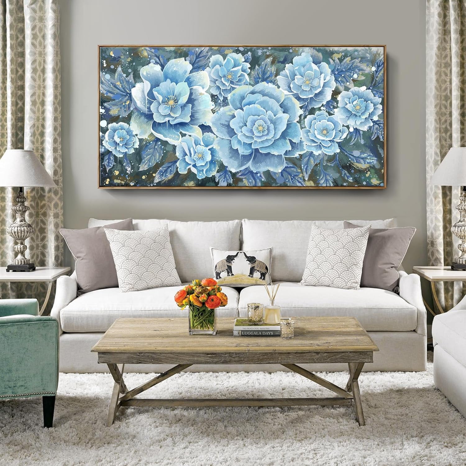 HFDF Extra Large Wall Art for Living Room, Big Floral Blue Flower ...