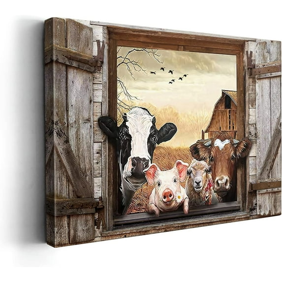 HFDF Farmhouse Animals Cow Fake Window Wall Art Farmhouse Animals Landscape Picture Country Painting Wall Décor for Bathroom Bedroom Office Artwork 18x12inch Framed