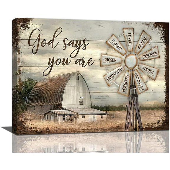 HFDF Farmhouse Barn Wall Art Rustic Country Barn Windmill Pictures Wall Decor God Says You Are Christian Motivational Quotes Canvas Prints for Kitchen Dining Room Bedroom Bathroom 14x11inch Framed