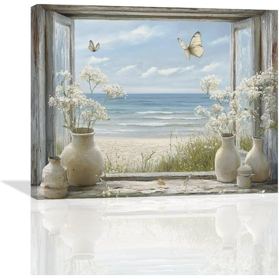 HFDF Farmhouse Bathroom Wall Art Country Ocean Coastal Wall Decor Sea View Flower Beach Nautical Rustic Pictures Canvas Print Painting Artwork for Home Decoration Living Room Bedroom 14x11inch Framed