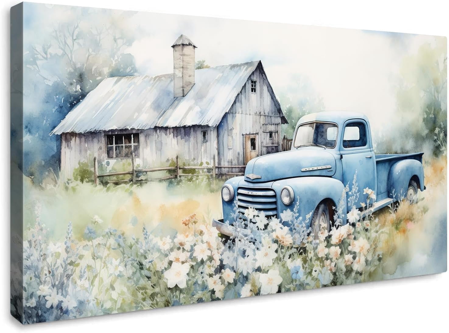 HFDF Farmhouse Canvas Wall Art Blue Old Truck Barn Painting Vintage ...