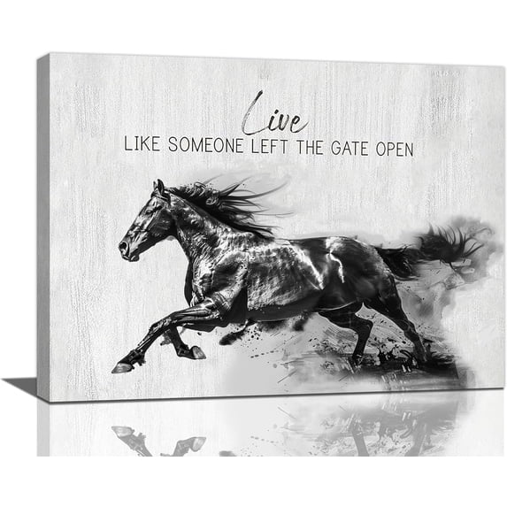 HFDF Farmhouse Horse Wall Art Black and White Horse Pictures Wall Decor Horse Gifts Office Decor Rustic Running Horse Canvas Painting Country Decorations Artwork for Living Room 10x8inch Framed