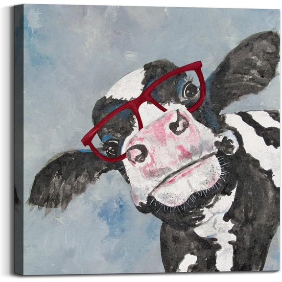 HFDF Farmhouse Milk Cow Canvas Wall Art Funny Animal Wearing Red Glasses Pictures Prints Posters Contemporary Artwork for Living Room Bedroom Bathroom Home Office Decor, 24x16inch Framed