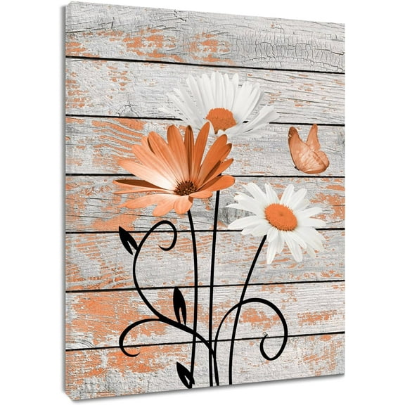 HFDF Farmhouse Orange Floral Wall Art for Living Room, Daisy Flower and Butterfly on Rustic Wood Pictures Wall Decor Nature Plant Canvas Wall Art for Bedroom Bathroom Decor, 8x10inch Framed