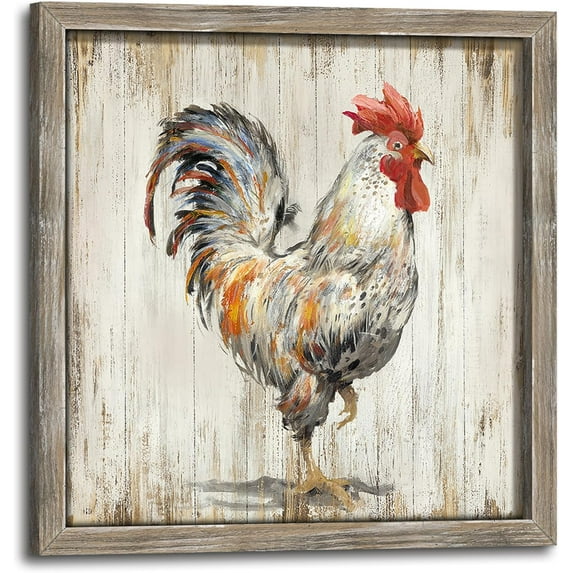 HFDF Farmhouse Wall Art Decor Kitchen: Rooster Wood Picture Rustic Farm Animal Print Painting Vintage Chicken Country Artwork for Home Bathroom Living Room Decorations 18x12inch Framed