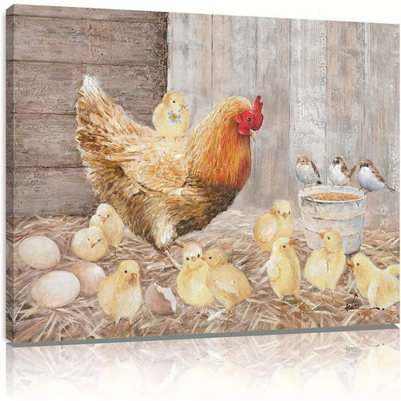 HFDF Farmhouse Wall Art Rooster Print: Hen Painting Small Born Chicks Picture Barnyard Birds Vintage Wood Canvas Artwork for Kitchen Decor Easy Hanging (x1 Panel) 10x8inch Framed