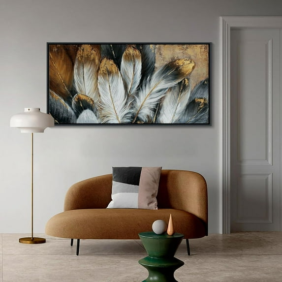 HFDF Feather Canvas Wall Art Modern Living Room Bedroom Wall Decoration Large Canvas Painting Artwork for Home Decor White Gold Brown Feather Picture 14x11inch Framed