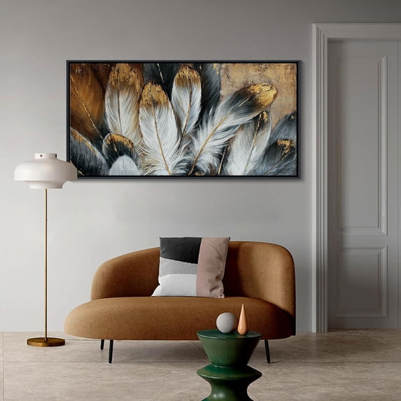 HFDF Feather Canvas Wall Art Modern Living Room Bedroom Wall Decoration Large Canvas Painting Artwork for Home Decor White Gold Brown Feather Picture 18x12inch Framed
