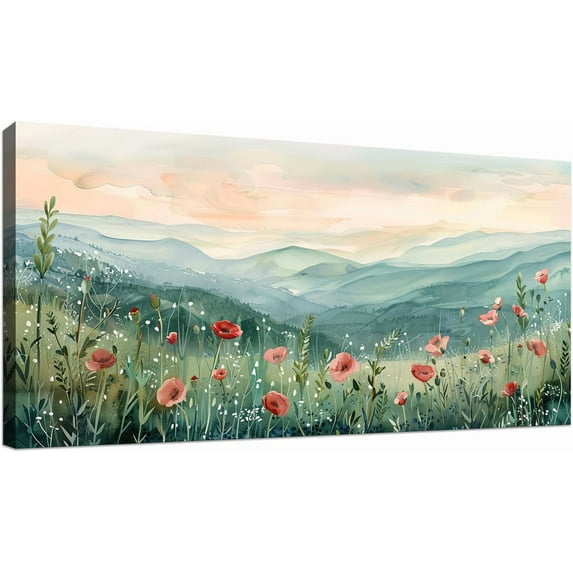 HFDF Floral Landscape Canvas Wall Art 30 x 58 Poppies Mountain Valley Home Decor Art Prints for Living Room Bedroom Office Ready to Hang 10x8inch Framed