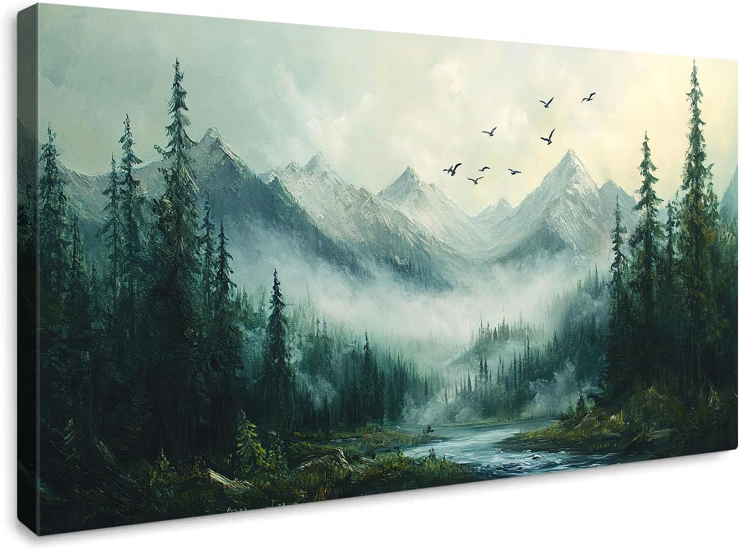 HFDF Forest Landscape Canvas Wall Art Misty Mountain River Pine Tree ...