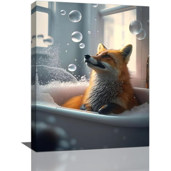 HFDF Fox Bathroom Wall Art Cute Fox Bathtub Bathroom Pictures Wall Decor Wildlife Bathroom Canvas Print Painting Modern Home Bathroom Decorations Artwork For Restroom 16x20inch Framed