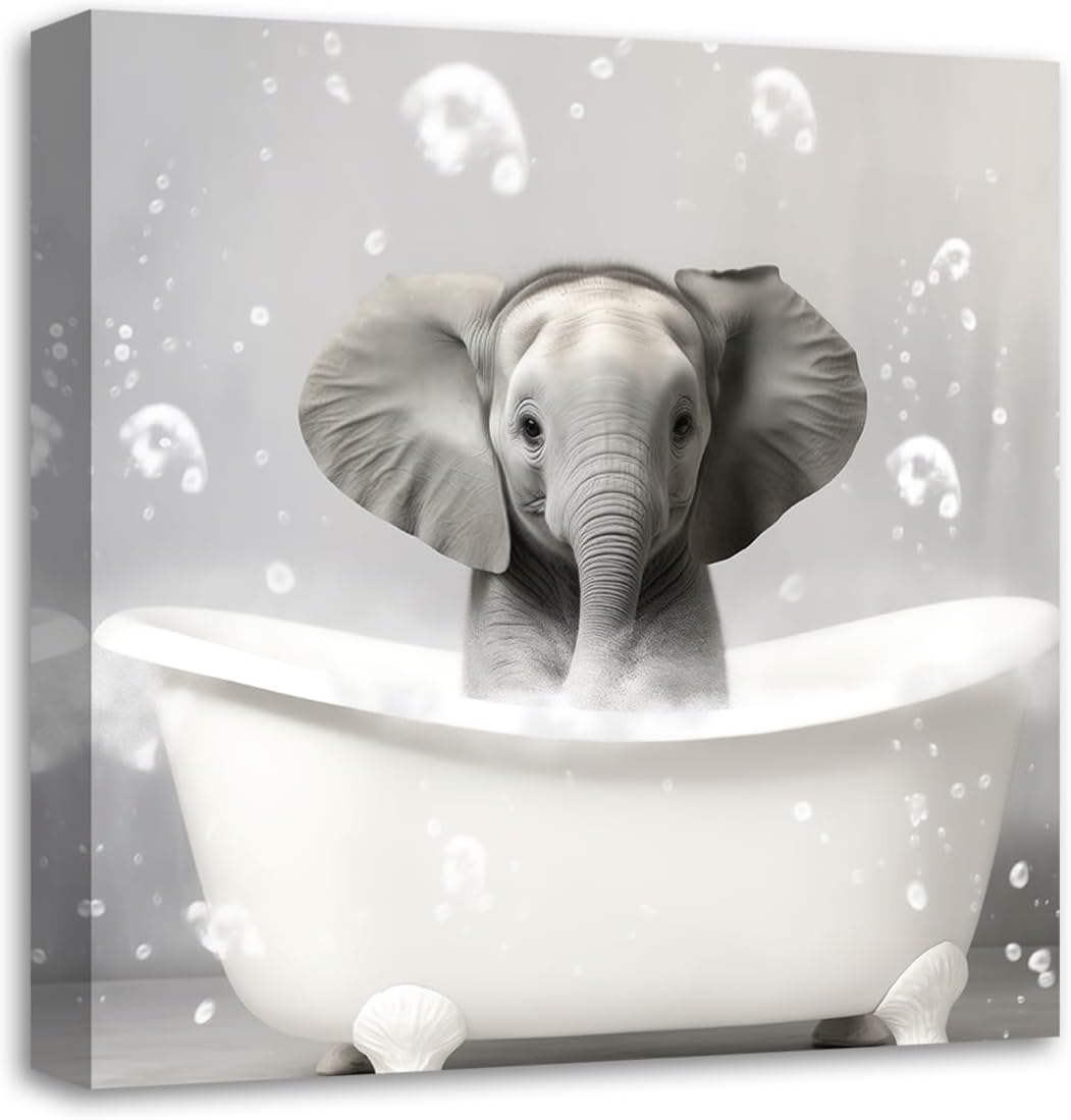 HFDF Funny Animal Bathroom Wall Art Cute Elephant Bathtub with Bubbles ...
