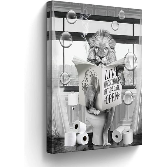 HFDF Funny Lion Canvas Wall Art Black and White Pictures Farmhouse Bathroom Wall Decor Lion Sitting Toilet Reading Newspaper Painting for Toilet Bathroom Animals Artwork 12x18inch Framed