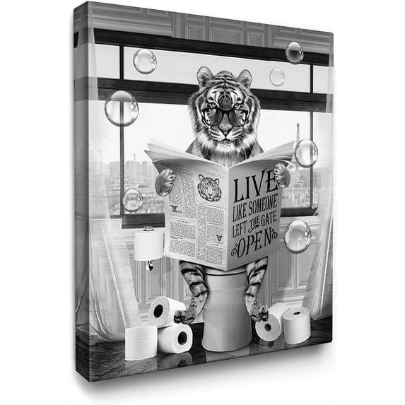 HFDF Funny Tiger Wall Art - Cute Tiger Sittg Toilet Readg Newspaper - Black and White Poster for Bathroom Decor - 11x14inch Framed