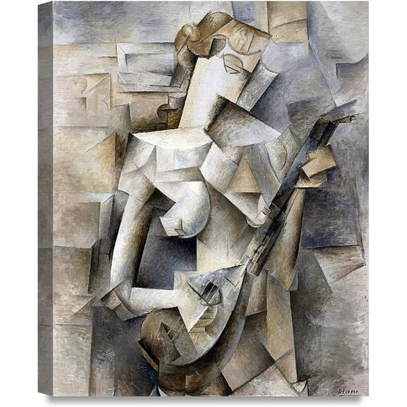 HFDF - Girl with Mandol by Pablo Picasso, Giclee Prt on Acid-Free Cotton Canvas, Cubist Abstract Wall Art for Home or Office Decor,, Ready to Hang, Made USA 11x14inch Framed
