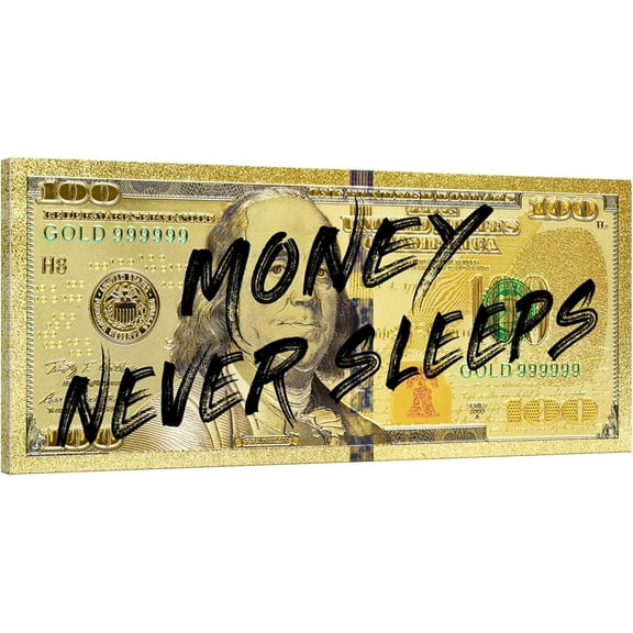 HFDF Golden 100 Dollar Canvas Wall Art spirational Money Wall Art Money Never Sleeps Artwork Wooden Ready to Hang- 24x20inch Framed