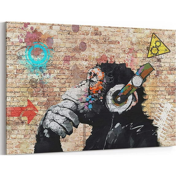 HFDF Graffiti Wall Decor Banksy Canvas Wall Art Print Dj Thinking Monkey with Headphones Painting Artwork Pop Street Graffiti Poster Colorful Picture for Music Room Decoration - 18x12inch Framed