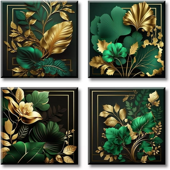 HFDF Green and Gold Wall Decor Tropical Plant Gold Leaves Pictures Canvas Prints Emerald Green Mid Century Modern Botanical floral Aesthetic Artwork for Living Room Decorations×4 24x20inch Framed